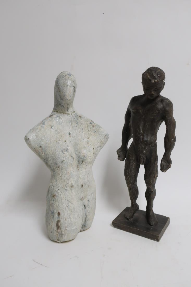 Two Modernist Sculptures, Plaster and Stone, 1 Sgd: Two Modernist Sculptures, Plaster Male Nude and a 3/4 Length Woman in Stone, signed obscurely beneath and dated 1977. Dimensions: each 16" H (JGLO2001/2) (TC)