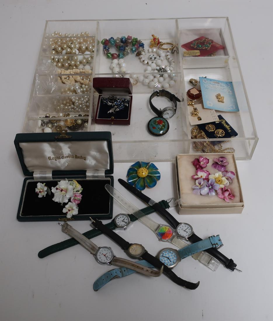 Mixed Lot of Costume Jewelry: Timex and other watches. Includes one brooch and earring set with blue glass set in sterling. Dimensions: Various (EPEN25-258/LOT) (WT)