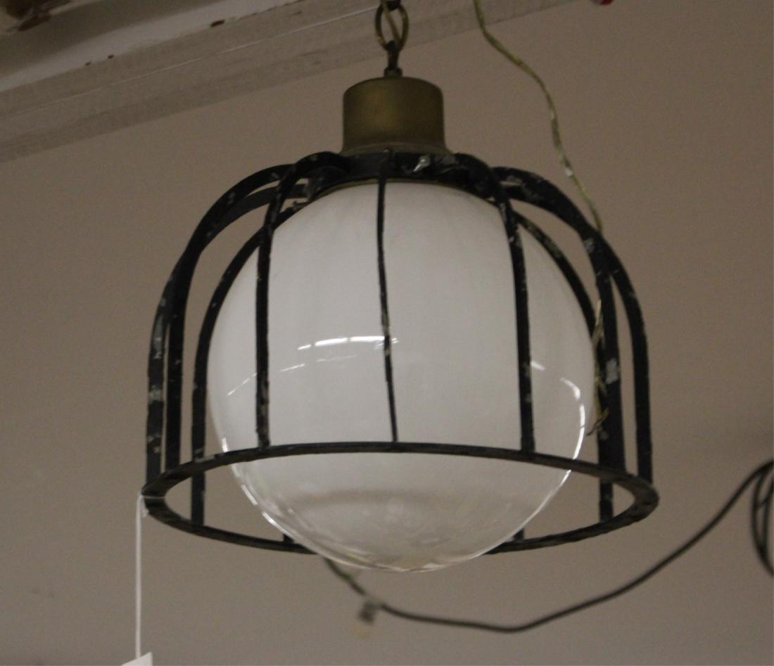 Ceiling Fixture White Globe and Black Metal Cage (1 of 2)