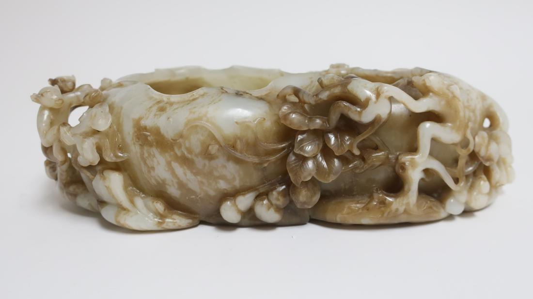 Chinese Jade Double Coup: Chinese Jade Double Coup with monkeys in high relief around the exterior [161] Dimensions: 3"h x 11"l (HINC25-468) (WT)