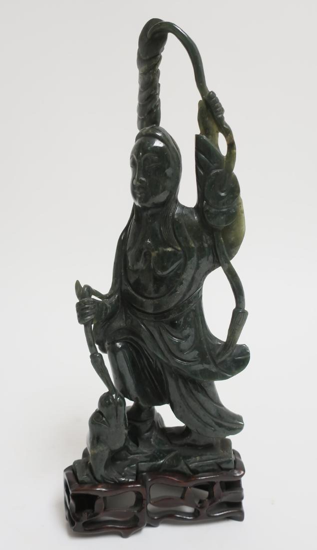 Chinese Spinach Jade Figure w/ String of Coins (1 of 3)