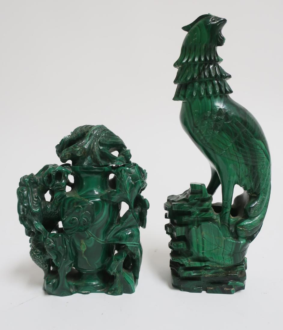 2 Malachite Pieces; Ho-Ho Bird and Vase (1 of 3)