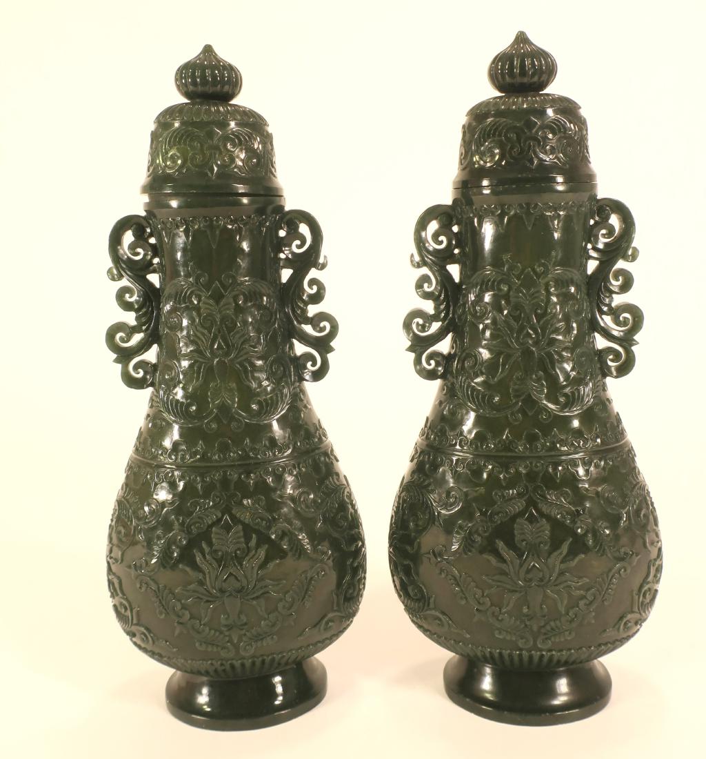 Pair of Chinese Spinach Jade Covered Vases (1 of 6)