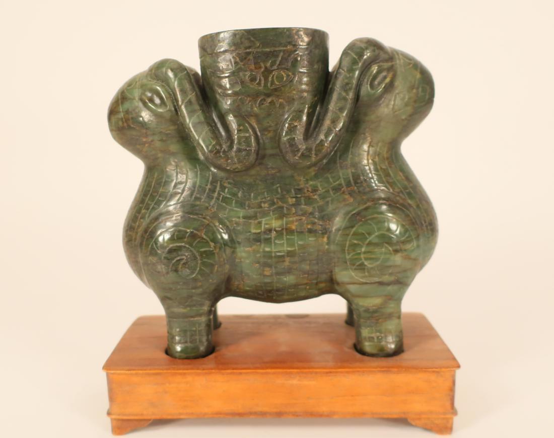 Chinese Spinach Jade Double Rams Head Carving (1 of 5)