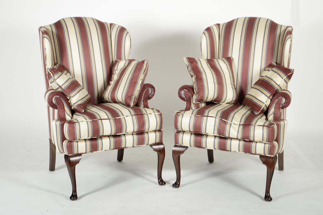 A Pair of Harrod's Wing Chairs with Striped Fabric (1 of 3)