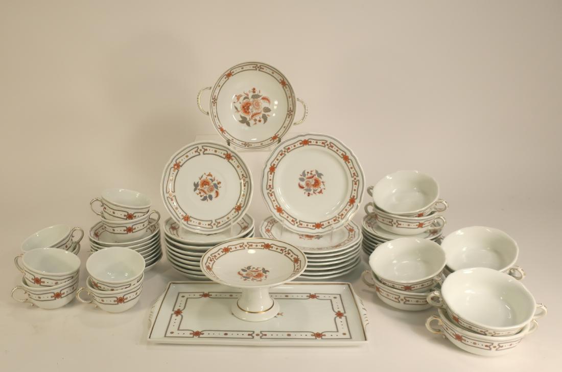 Ginori "Taormina" 51 pc Luncheon Service: Richard Ginori Taormina, Rust Luster Floral, scalloped edges for service for eight with 8 each: 7.75" plates, 6.75" plates, 6" shallow bowls, 5.25" saucers, 4.75" double handled cream soup bowls, 3.75