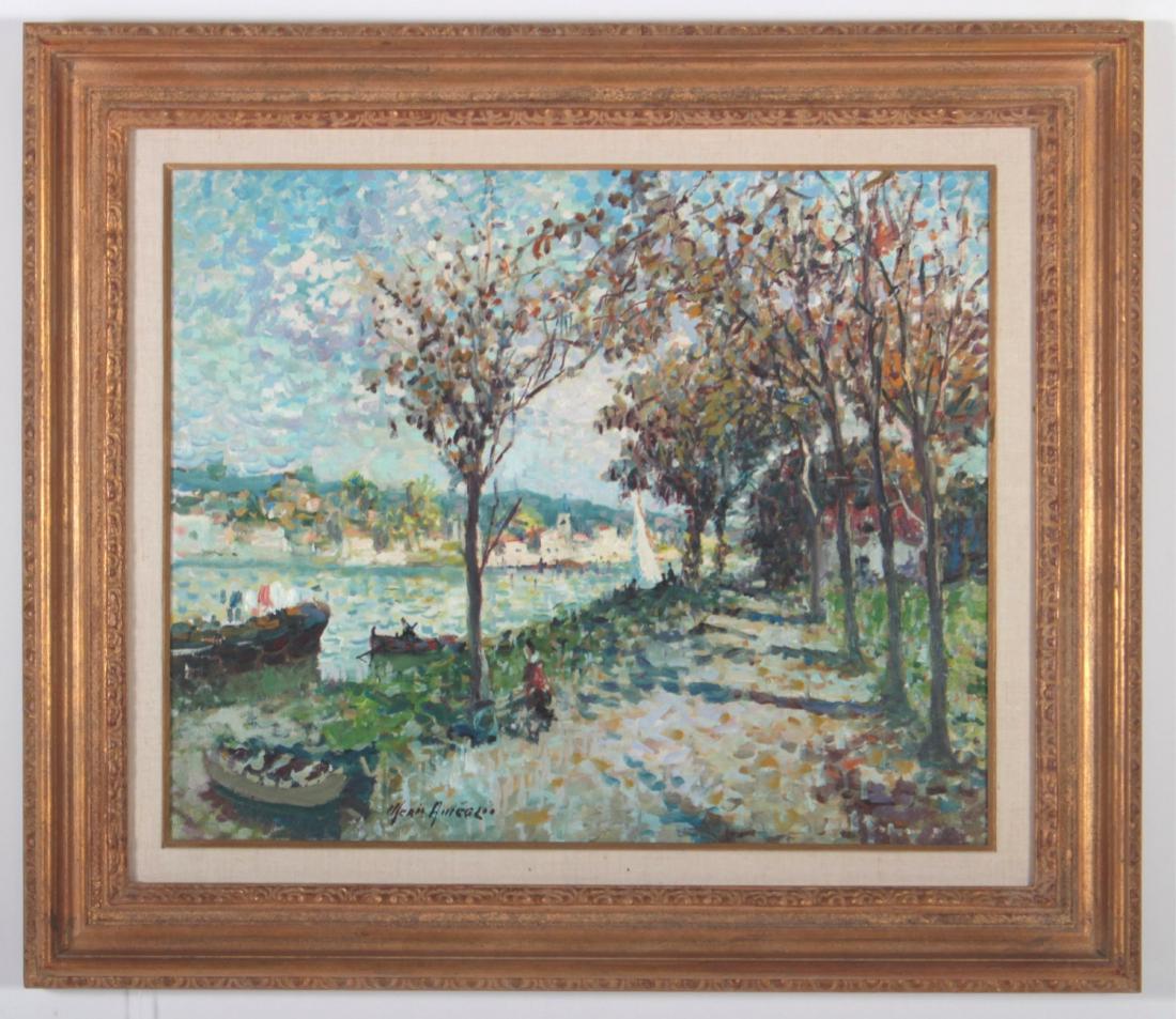 Merio Ameglio, It. 1897-1970, "Bords de Seine" O/C: Merio Ameglio, Italian, active France, 1897-1970, "Bords de Seine" oil on canvas, signed, signed titled, dated 65 verso, with documentation. Dimensions: 21x26, framed 29x34 Property Title: Extensive