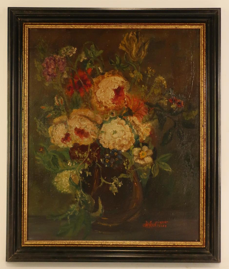 Ruth Mielziner Moss, Am, Floral Bouquet, O/C 1929: Ruth Mielziner-Moss, American 1907-1974, active Cleveland, Floral Bouquet, oil on canvasboard, signed, monogrammed and dated 1929. The artist later a ceramicist. Dimensions: 22x17, framed 26x21 (BDIC3