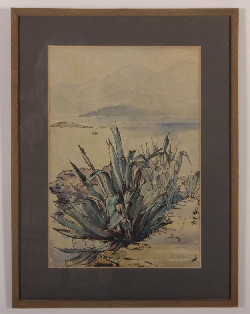 Clare Leighton, Eng-Am, Shrub on Beach W/C: Clare Leighton, American born London, 1898-1989, Shrub on Beach, watercolor, 1930's, pencil signed, possibly a subject in Majorca or Corsica. A rare surviving watercolor by the artist. Dimensions: 13.