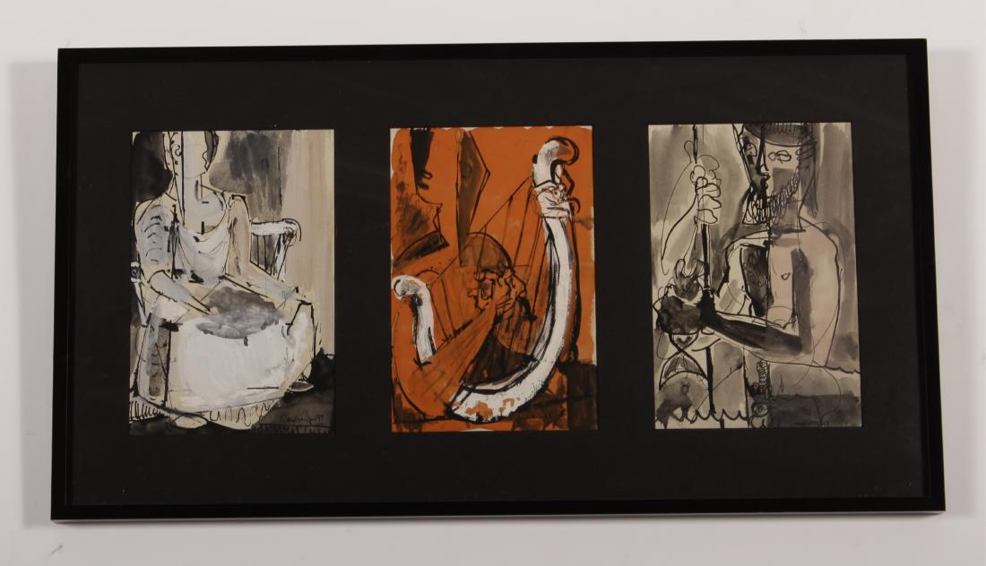 Robert Courtright, Am 1926-2011, Triptych 1949-50: Robert Courtright, American, 1926 - 2011, Three Figures, triptych in gouache, each signed and dated 1949 and 1950, possibly painted during his first visit to Europe in 1949. NOTE: Litchfield County Au