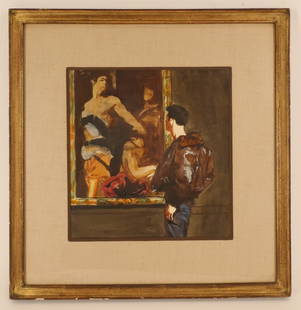 Walter Stuempfig 1914-1970 Young Man At Museum W/C: Walter Stuempfig 1914-1970 "Leather Jacket" (Young Man At Museum looking at an Old Master in the style of Caravaggio), watercolor with gouache, signed LL. PROVENANCE: Durlacher Bros 538 Madison Avenue