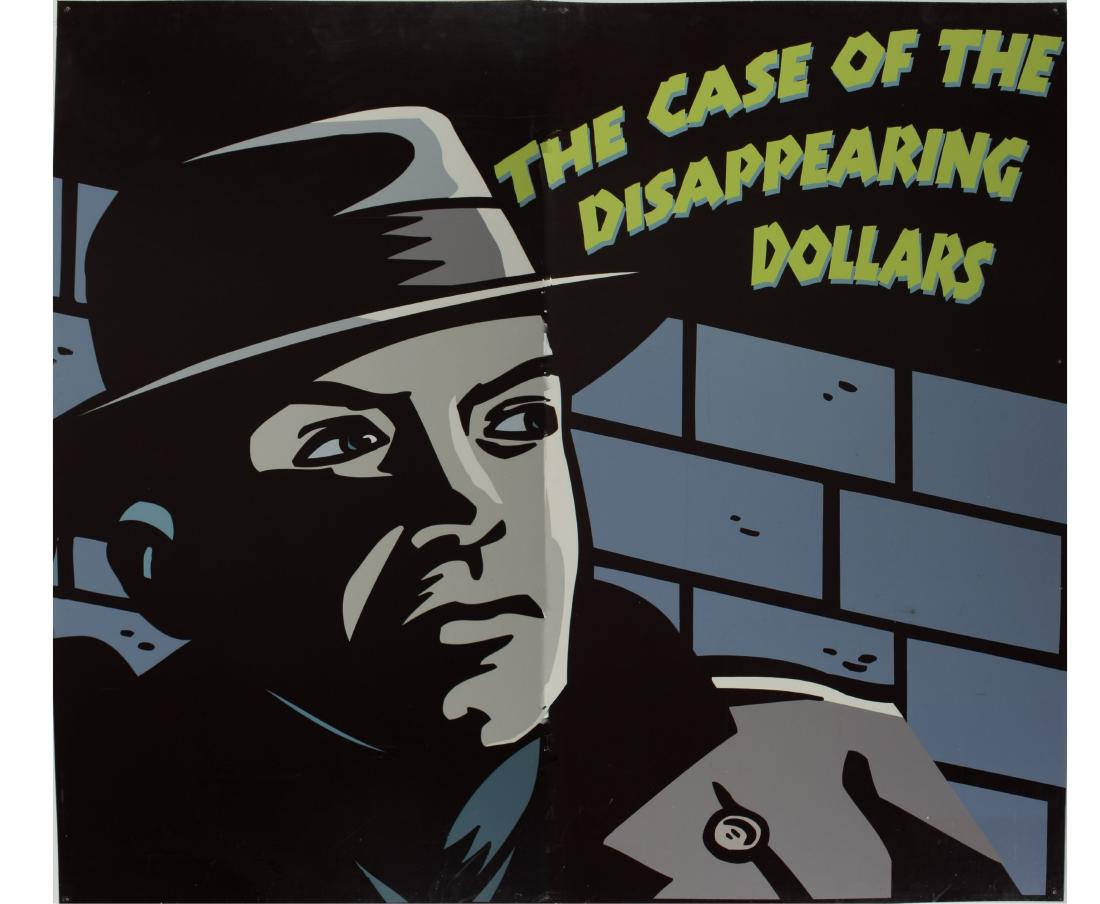 Gigantic Pop Art Diptych Print on Laminate: Gigantic Two-Part Pop Art Diptych Lithograph on Laminate, "The Case of the Disappearing Dollars", a comics or pulp-style pop art illustration on flexible laminate, apparently unsigned, as found mounte