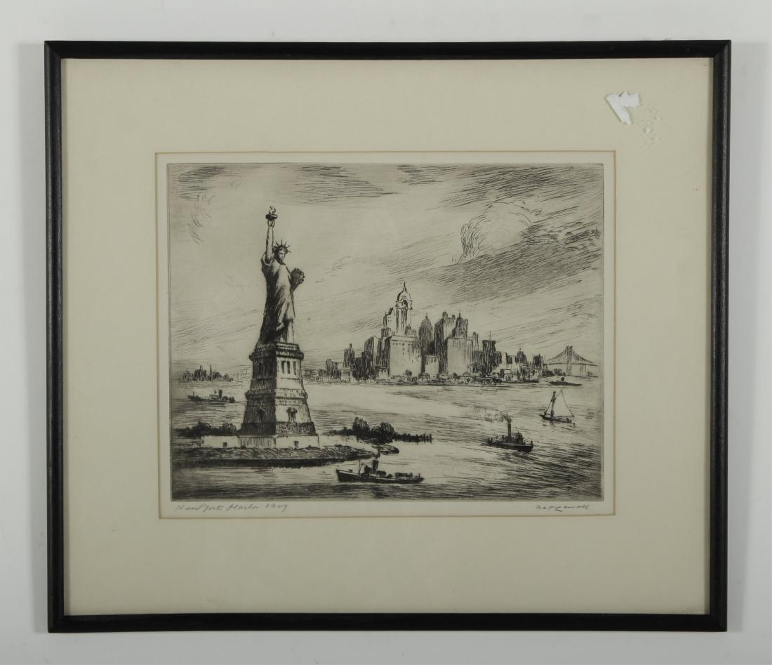 Nat Lowell, 1880-1956, "New York Harbor", 1909: Etching, shows the Statue of Liberty, titled, dated and signed in pencil in the margin DIMENSIONS: 9 1/2" H x 12 1/4" W; Framed: 16 1/2" H x 19 1/4" W We encourage all bidders to obtain shipping quot