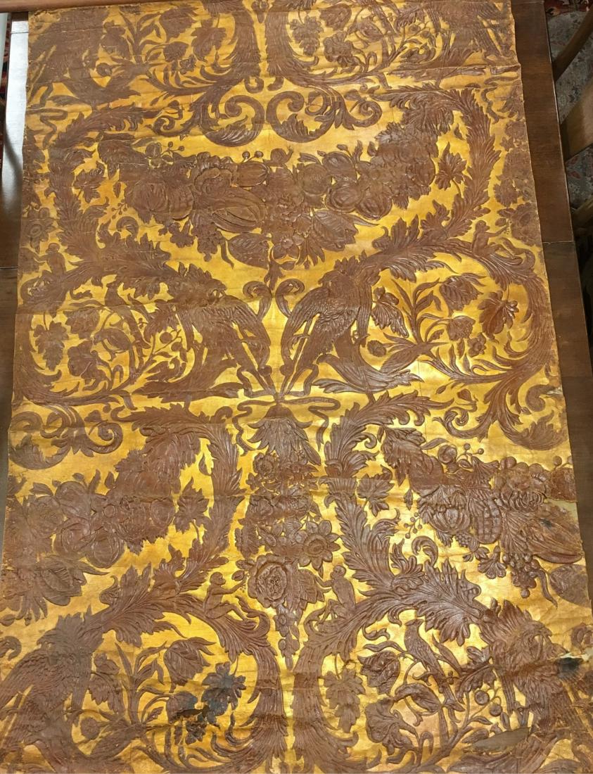 Italian Embossed Leather Panel - Monkeys Birds: a Italian embossed tooled and gilded leather panel, c. 1880-1900, with exotic jungle birds and monkeys and foliage, currently hung from a large dowel. DIMENSIONS: 63" H x 38" W We encourage all bidder