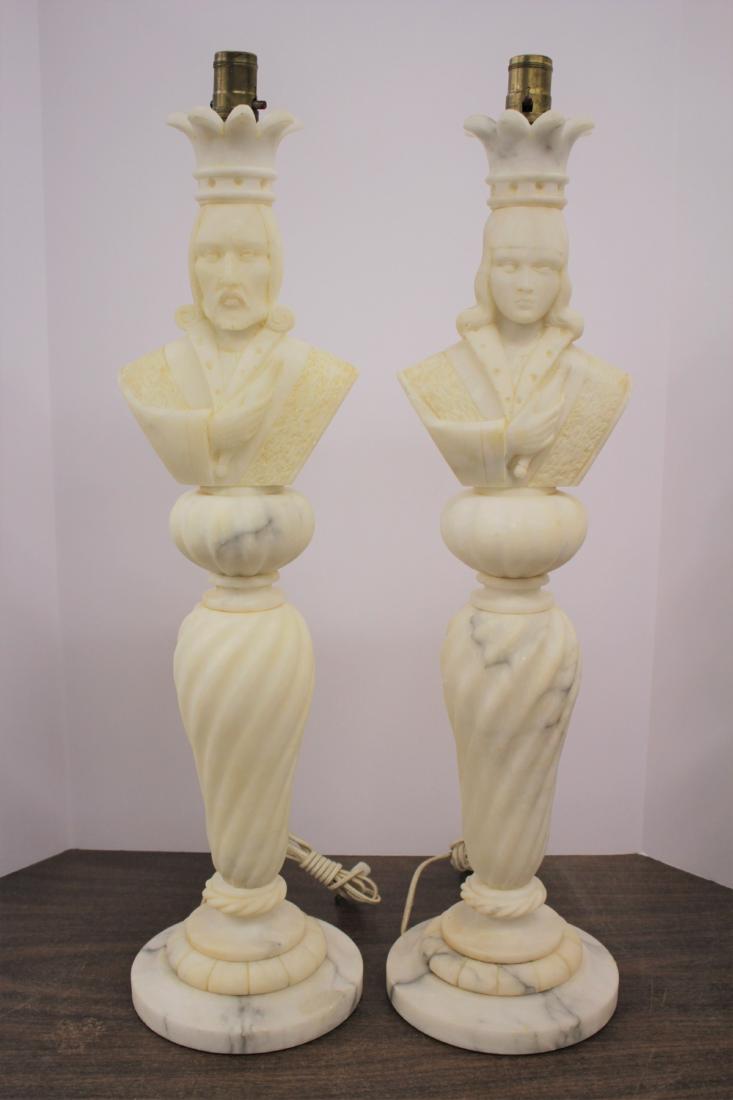 Pair Tall "Royal" Figural Alabaster Lamps: DIMENSIONS: 27 5/8"H w/o fixture. 7 3/4 base dia. We encourage all bidders to obtain shipping quotes before placing bids. (BMIL4492) (JP)