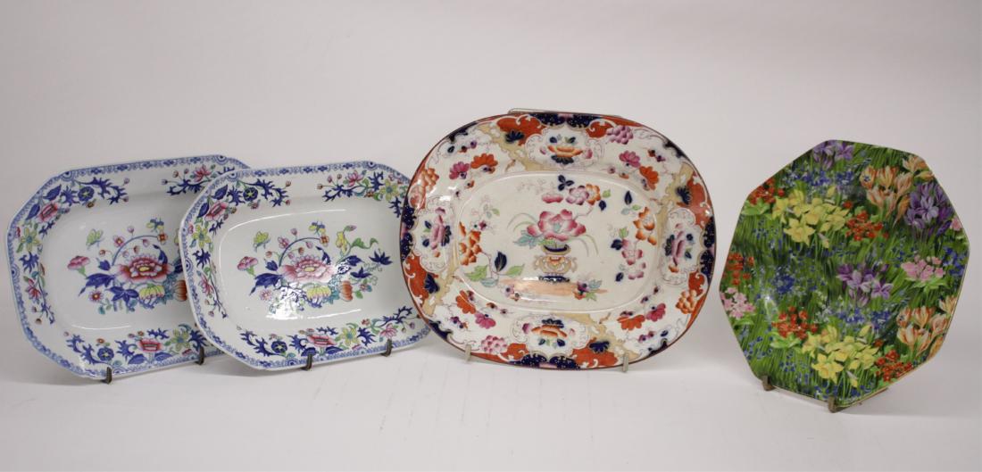 Four Ironstone Floral Design Serving Plates: (2) Spodes "New Stone" 288C; (1) octagonal Royal Staffordshire Pottery ; (1) rectangular antique urn with flowers center design. DIMENSIONS: Spodes: 6 7/8" x 10 1/8. rectangular: 10 3/4 x 8 3/4 We enc