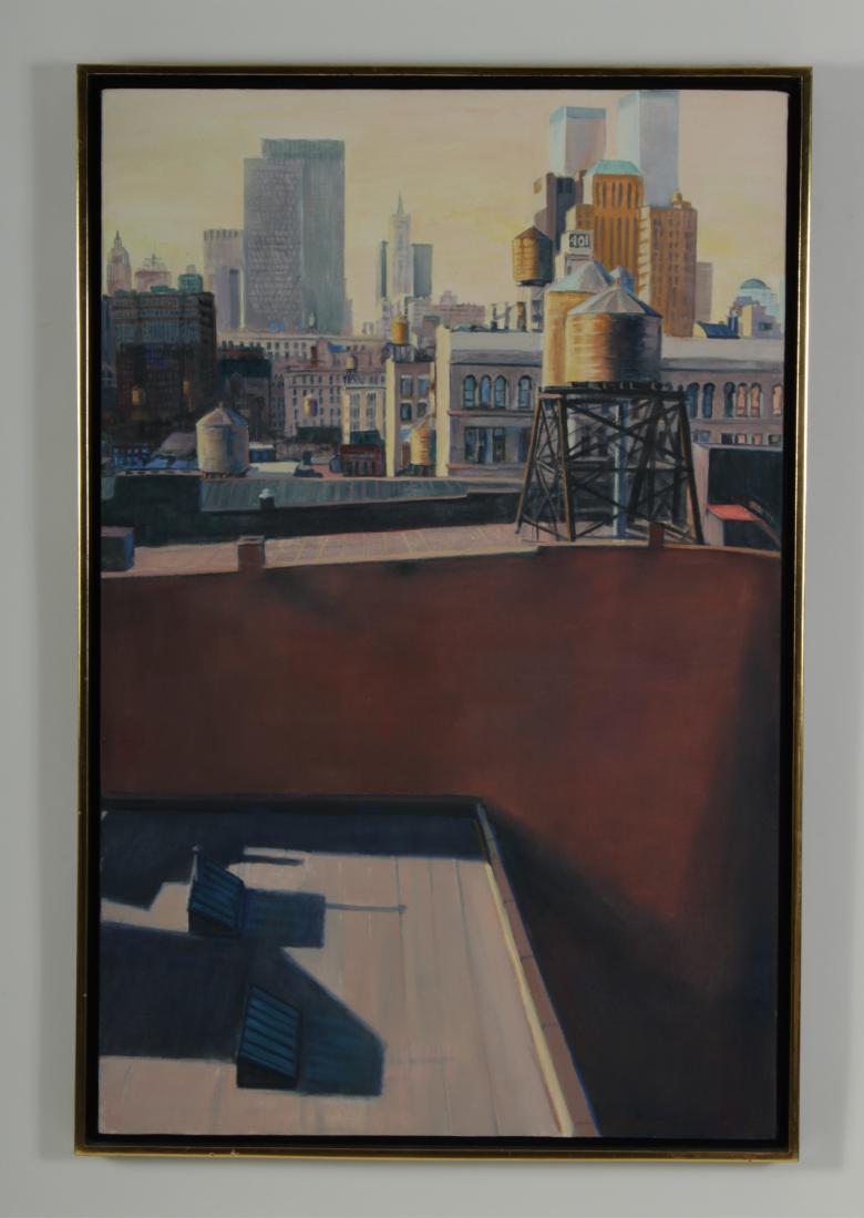 Hansen, Patricia; NY Rooftops, Watertowers O/C: WTC buildings in distance. Signed and dated LR. Framed. DIMENSIONS: Sight: 40"H x 26. Framed: 41.75 x 27 75 We encourage all bidders to obtain shipping quotes before placing bids. (MIKA44102) (JP)