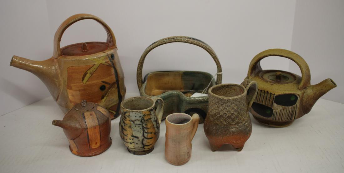Art Pottery: Teapots, Small Cups, Basket: Various potters. Petite and average size lidded teapots. Nancy Uterback square and handled basket w/ in-waved side(2) teapots (petite and larger) by Ruggles & Rankin and a third by McKenzie Smith. (3)