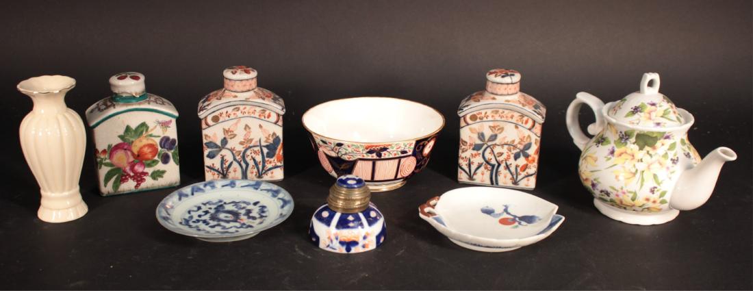 Odd Lot Group of Porcelains: Includes: an Imari bowl and inkwell, and a Chinese Dish DIMENSIONS: Bowl: 3" H x 6 1/2" Dia.; Dish: 5 3/4" Dia. We encourage all bidders to obtain shipping quotes before placing bids. (TCRE45-129Lot) 