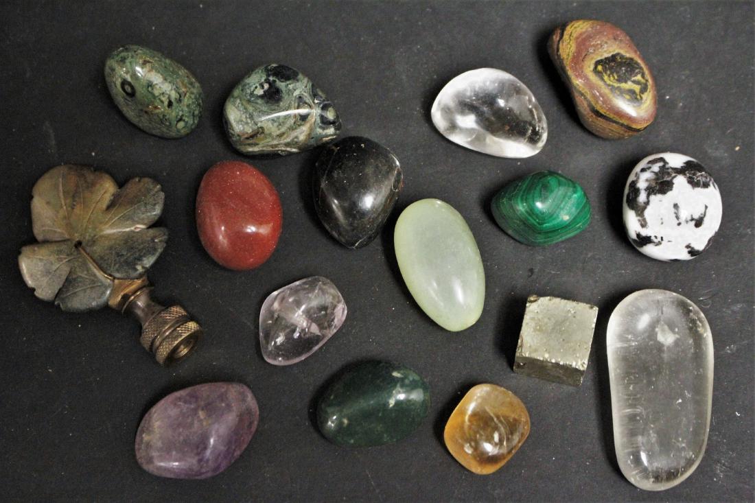 Small Collection of Minerals & Rocks: Includes 2 rock crystals, jade finial, malachite, etc. DIMENSIONS: Jade Finial: 3" H x 1 3/4" W Overall We encourage all bidders to obtain shipping quotes before placing bids. (TCRE45-143/Lot) (WT)