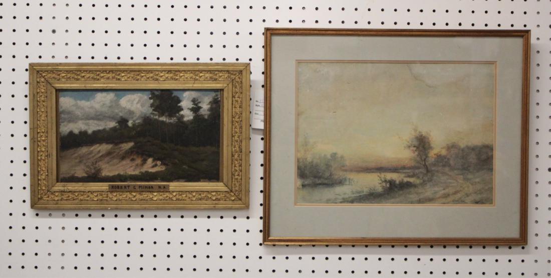 Robert C. Minor, 1839-1904, 2 Works: "Wild Lands Near Antwerp", Oil on Board; and a Watercolor riverscape, signed "Minor" twice, lower right. The oil with writing lower left which does not look like a signature DIMENSIONS: Frame Sizes: 1