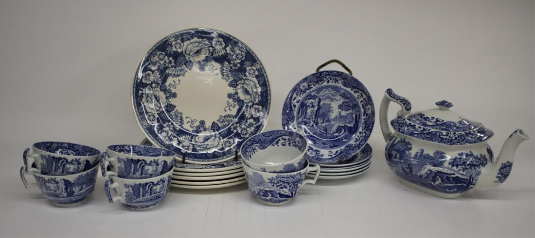 Copeland Spode Italian Teapot & 6 Cups & Saucers: Together with 6 Mason's Blue and White Crabtree & Evelyn Lunch Plates DIMENSIONS: Teapot: 5 1/2" H x 9 1/2" W; Plates: 8 3/4" Dia. We encourage all bidders to obtain shipping quotes before placing bid