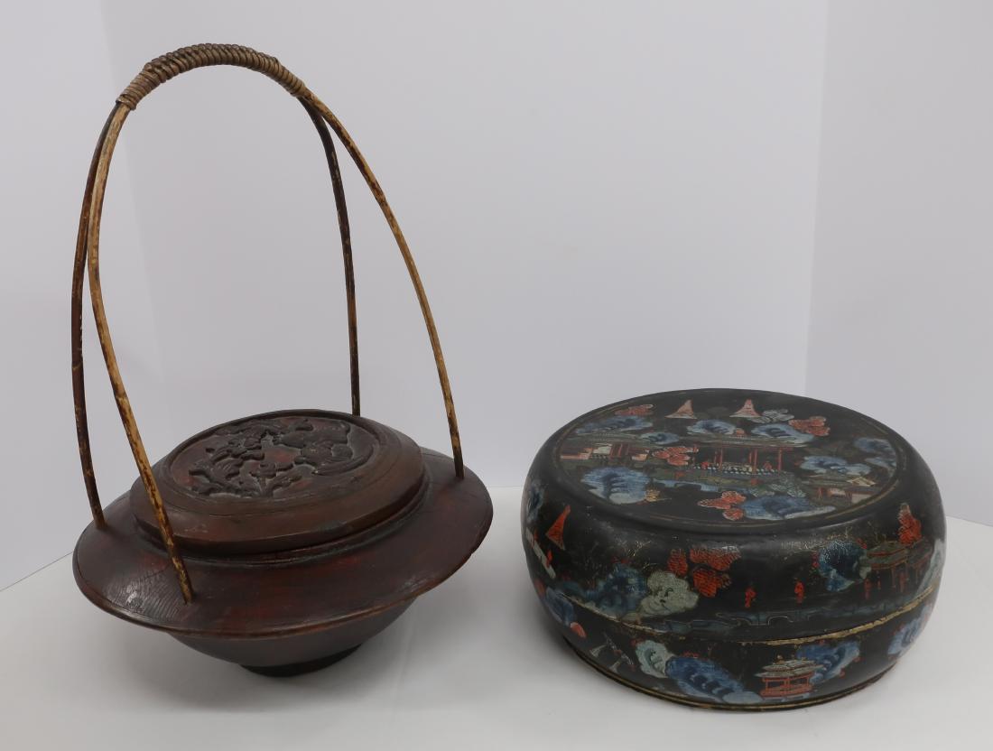 2 Asian Covered Foot Containers: One colorfully painted papier mache, the other wood carved with a phoenix bird DIMENSIONS: 5 1/4" H x 11" Dia. and 16 1/2" H x 11" Dia. We encourage all bidders to obtain shipping quotes before placin
