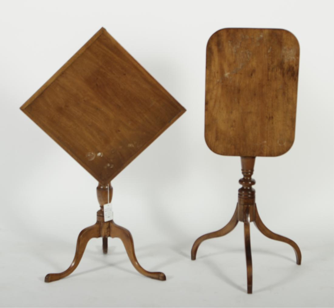 2 Federal Birch Tripod Tables, 19th C.: Tilt tops, 1 square and 1 oblong DIMENSIONS: Tallest: 29 1/2" H x 21" W We encourage all bidders to obtain shipping quotes before placing bids. Property from a Westchester County, New York estate (EPE