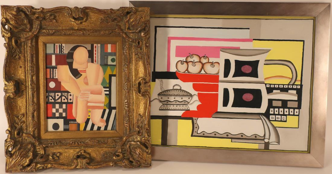Wm J Solloway, Am b. 1929, 2 Oils, Picasso/Gris: William J Solloway, American b. 1929, 2 Oils in the style of Picasso and Juan Gris, one signed. DIMENSIONS: 8x10, framed 18x15, the larger 15x18.5, framed 18x21.5 We encourage all bidders to obtain sh