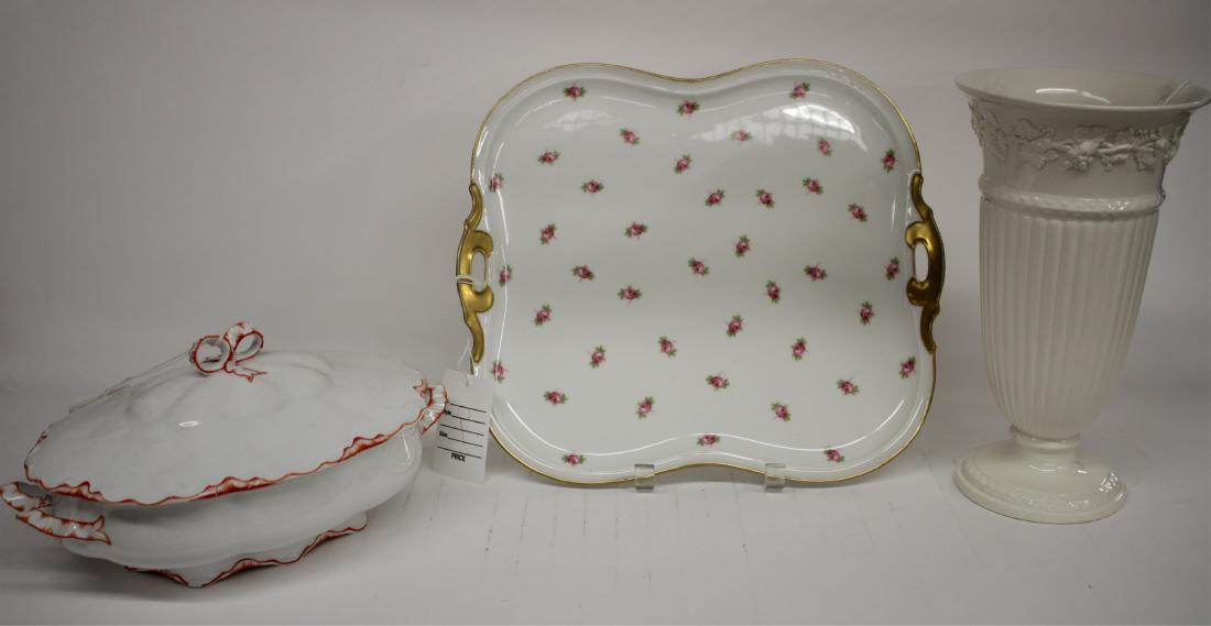 Wedgewood Vase, R. Bavarian Tureen, Limoges Tray: Wedgewood of Etruria & Barlaston white embossed Queensware vase, Royal Bavarian Hutschenreuther "Racine" red-orange tinged edge covered casserole or tureen, bow finials and handles. Limoges, A. Lanter