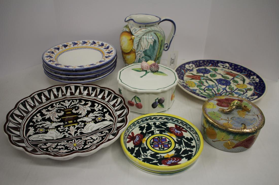 Decorative Colorful Pottery: Italy, Spain, Turkey: Including other sources . Mexico painted pottery 3 footed bowl, W. Sonoma herb plant decorated, wall hanging platters, pitcher covered vessels, plates, etc. DIMENSIONS: Pitcher 8"H. Set (4) bowls 10 d