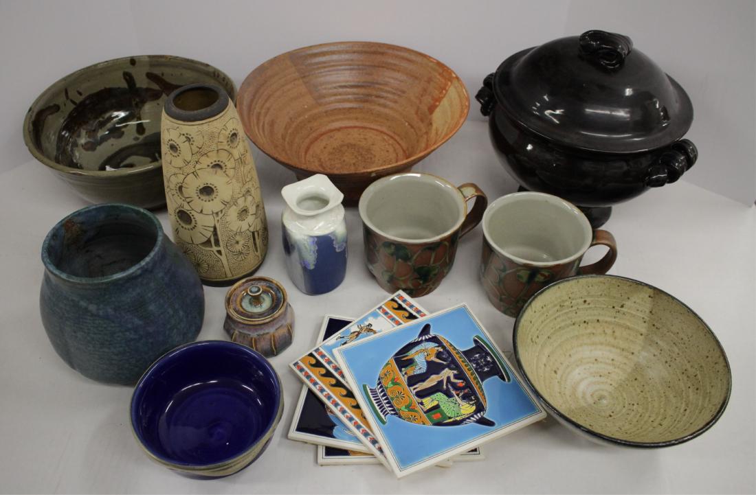 Art and Modern Pottery and Similar Additions: Deep brown and yellow interior lidded tureen (Switzerland); green/blue vase/vessel; tapering cylinder & incised vase; bowls large mugs; Grecian tiles; lidded jar, etc. DIMENSIONS: Vase 6"H. Tureen 10H