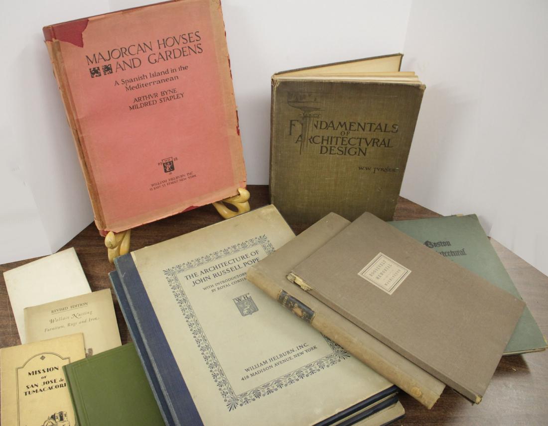 Large Architectural Books: Large book lot of architectural designs, elements, and works. To include:_x000D_ -The Architecture of John Russell Pope - 3 vols_x000D_ -Majorcan Houses & Gardens, Byne&Stapely, Helburn NY_x000D_ -Roo