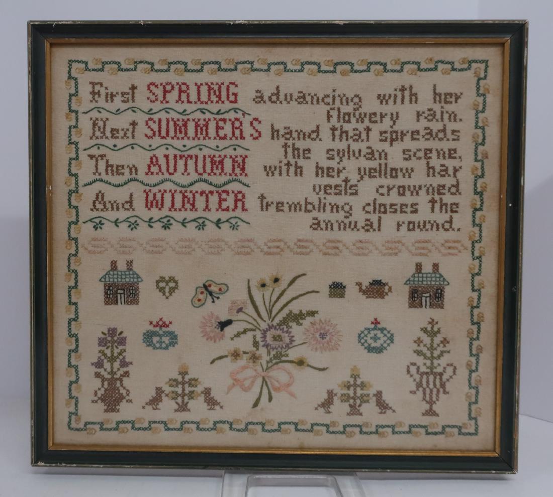 Sampler, "First Spring": Sampler titled "First Spring" DIMENSIONS: 16.25 by 17.75 frame size We encourage all bidders to obtain shipping quotes before placing bids. (QGMAL4302) (WT)