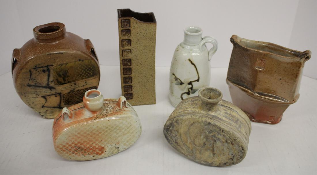 Art Pottery: Flask, Vessels,Bottles, Jars: Cynthia Bringle flask; Brad Schweiger jar; (2) Dan Murphy bottles; Anthony Chunn rectangular vessel/vase; footed jar w/ fish motif, thin handles. Most signed. DIMENSIONS: Large jar 6.5"H x 5.75. Vesse