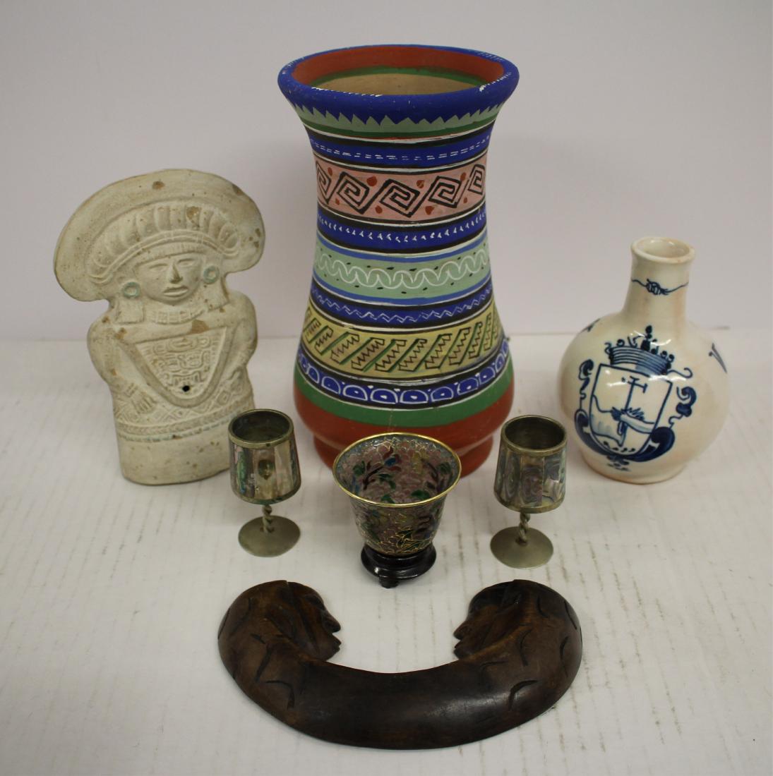 Mixed Origins Collectibles: Cloisonne, Pottery: Painted Mexican pottery vase; petite "Plique A Jour" style cloisonne bowl on stand and w/ box (China); opposing faces wood folk carving; chalk-white colored earthenware figure; pr. petite chalice styl