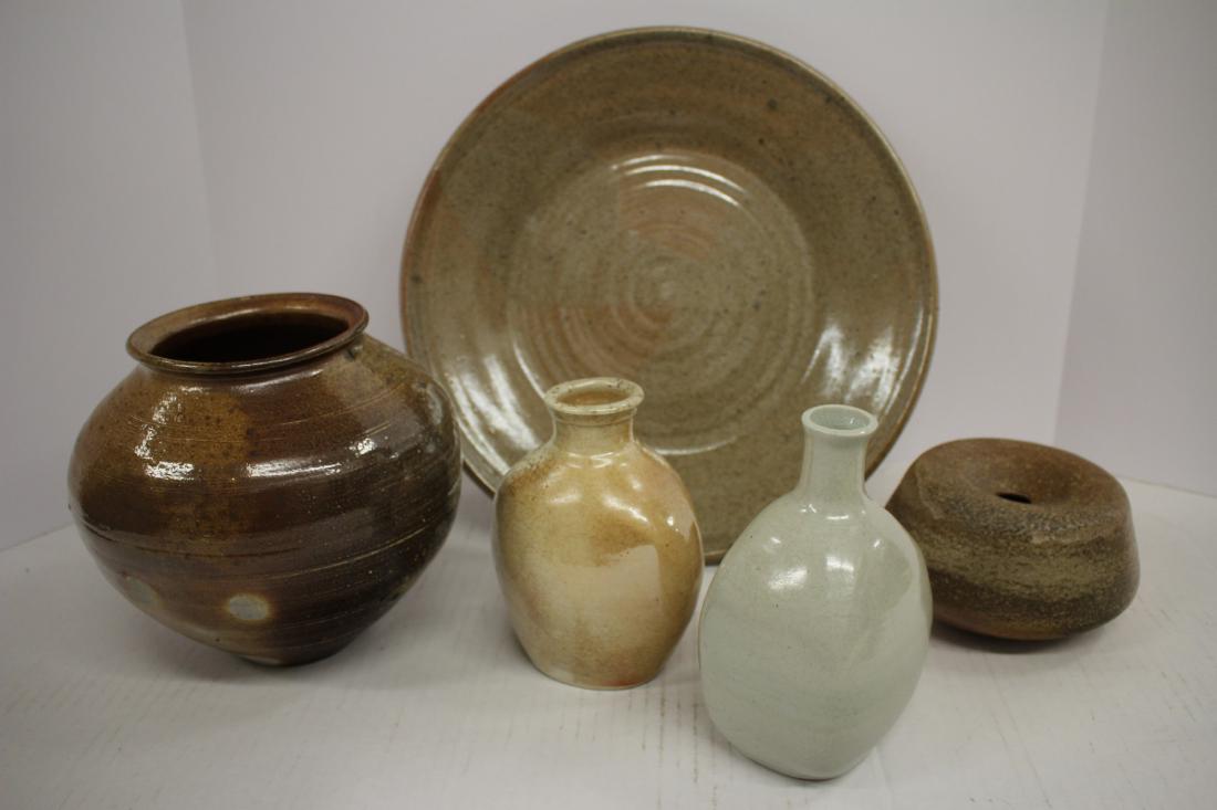 Art Pottery: Five Forms, Bottles, Jars, Platter: They appear to be by same maker. Swirl finish bottoms signed w/ typical monogram. Bottle, pale celadon w/ v. fine crackle glaze. Mottled browns, high polish glaze jar/vessel. Jar w/ three triangulated