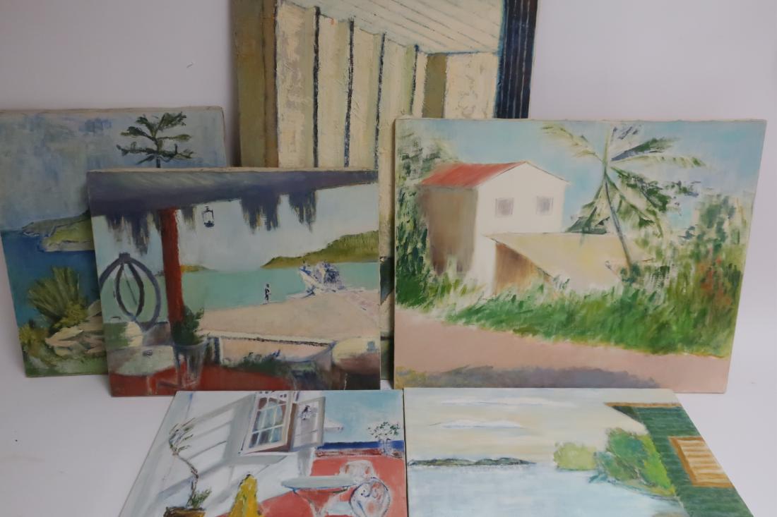 (6) O/C's by Jean Duncan, 20th c.: 1970's scenes of St. Martens. One signed with initials, one signed on verso in full. DIMENSIONS: 16" x 20" to 36" x 24" We encourage all bidders to obtain shipping quotes before placing bids. From the