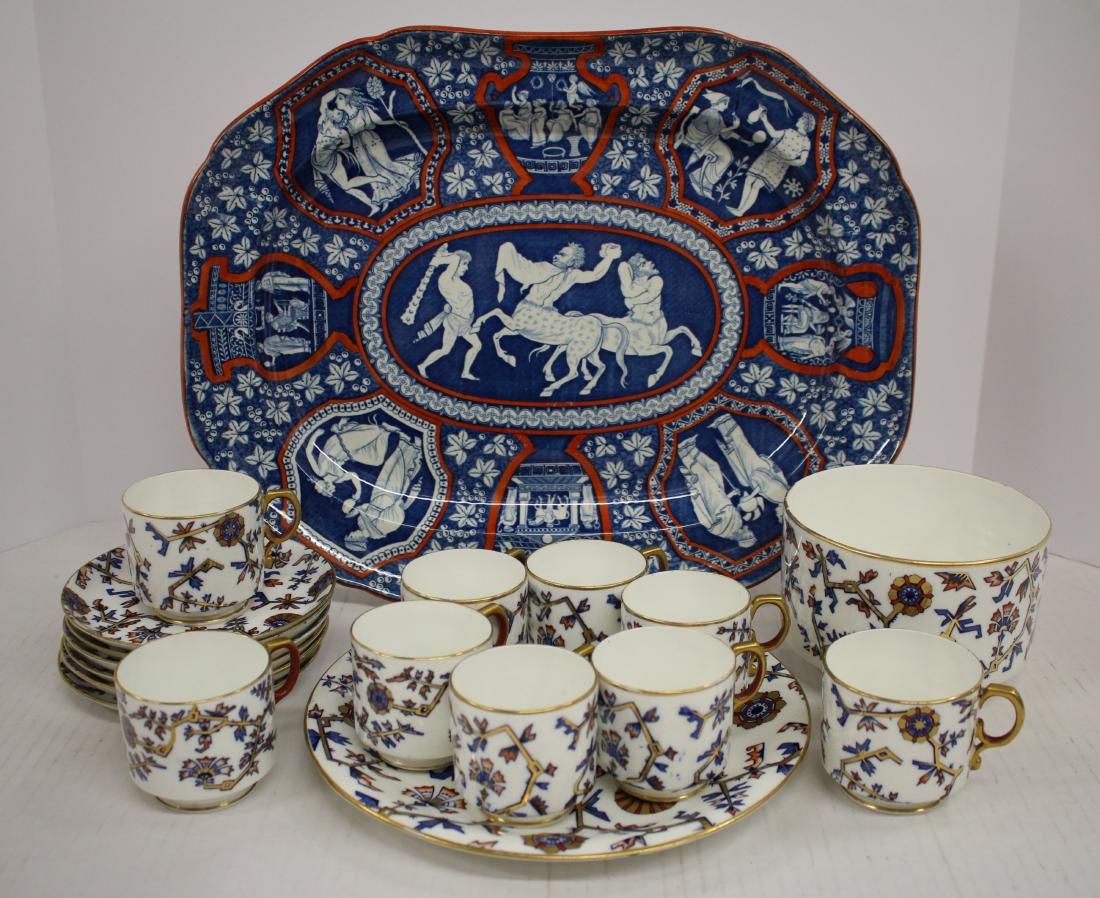 English Ironstone Platter & others: English Ironstone Platter, 19th c with Greek mythological decoration, together with 17 pieces English porcelain with registry mark from the late 19th c. blue, gold and red geometric floral design. DIM