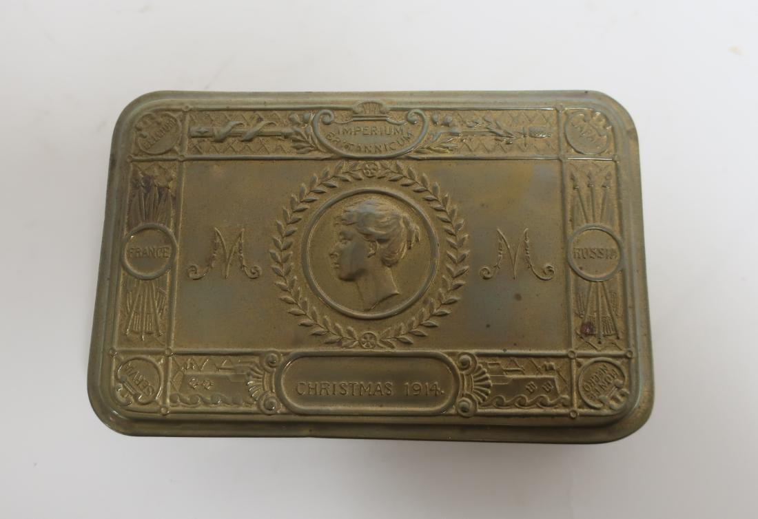 Princess Mary British Xmas 1914 Gift Tin: Mary, Princess Royal and Countess of Harewood, her Christmas 1914 gift box. Rectangular brass body with relief decoration on hinged lid. Inscriptions reads: Christmas 1914, Belgium, Japan, Russia, Mon