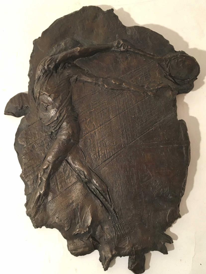 Stanley Bleifeld, 1924-2011, Tennis Bronze Relief: Stanley Bleifeld, American, 1924 - 2011, "High Backhand Smash", bronze, initialed and numbered. NOTE: The artist with an extensive exhibition history and resume. DIMENSIONS: 14.5 H x 10.5" W We encour