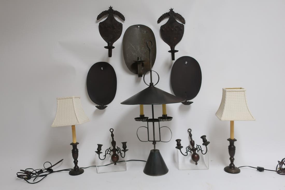 19th-20th C. Metal Sconces and Lamps: Lot of 19th-20th C. Metal Lighting,includes Electrified Lantern, 2 classical urn style lamps, 3 pairs of wall sconces and one single sconce. DIMENSIONS: Varies We encourage all bidders to obtain shipp