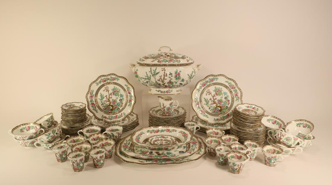 Coalport Indian Tree Pattern Dinner Service, 100pc: 100+ total number of items, including: 13 dinner plates, 14 luncheon, 9 tea, 2 coffee, 7 demitasse, 12 two-handled soup/consomme,covered tureen, 2 platters, serving dish, etc. Gently lobed rims form t