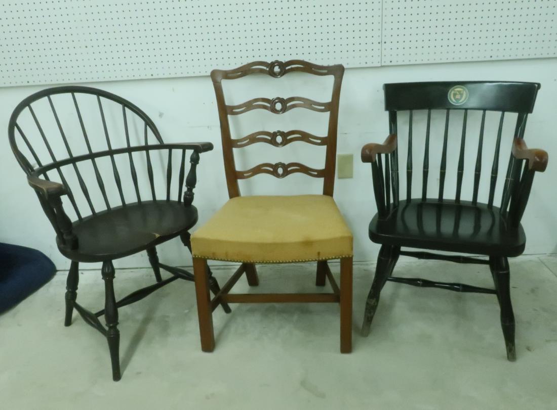 Mahogany Ladderback Side Chair, + 2 Armchairs: 2 armchairs Windsor Style and Wellesley College. DIMENSIONS: Side Chair: 38" H We encourage all bidders to obtain shipping quotes before placing bids. Property from a Westchester County, New York esta