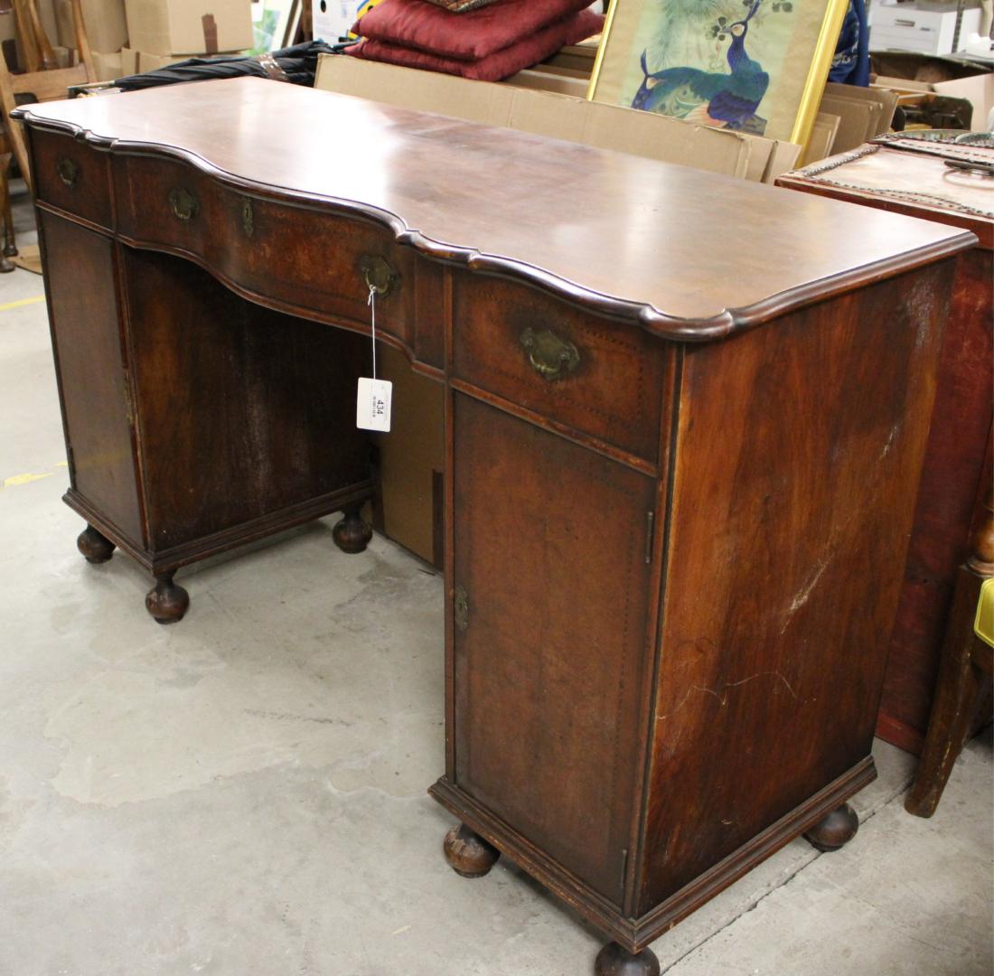 Royal Furniture, Robert W. Irwin Co. Sideboard: Royal Furniture, Robert W. Irwin Co. Inlaid Walnut Serpentiune Sideboard DIMENSIONS: 34"h x 33"w We encourage all bidders to obtain shipping quotes before placing bids. (QGMAL25-434) (WT)
