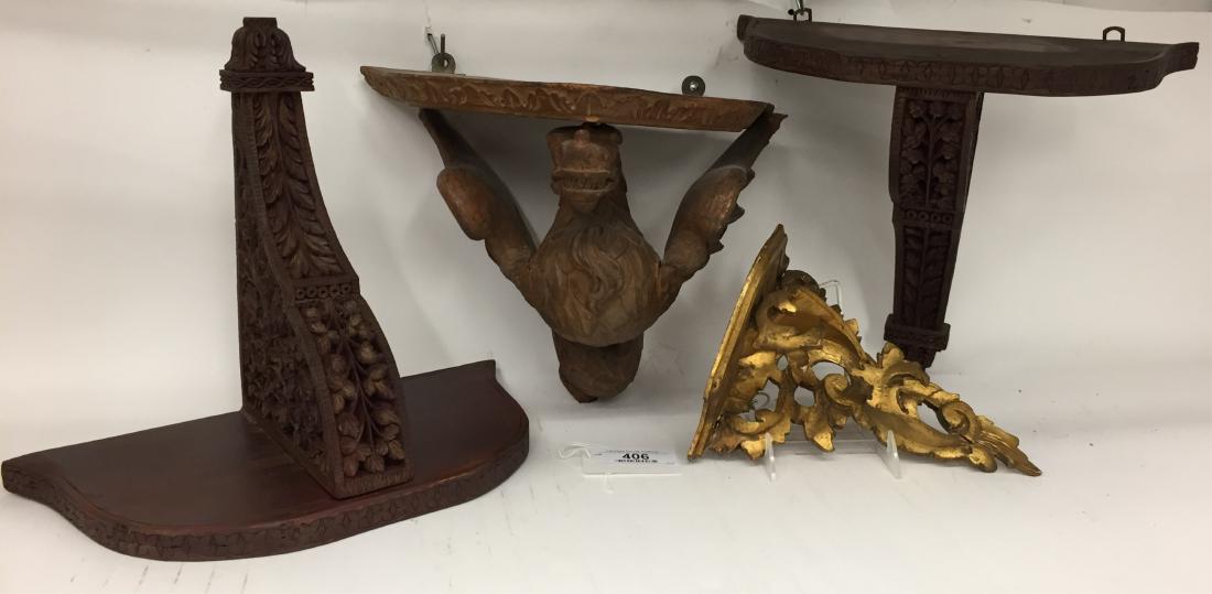 4 Wood Wall Brackets, 19th/20th C.: Pair with Asian floral carving, dragon form and gilded DIMENSIONS: Largest: 12 3/4" H x 15" W; Smallest: 10" H x 8 1/2" W We encourage all bidders to obtain shipping quotes before placing bids. (QGMAL