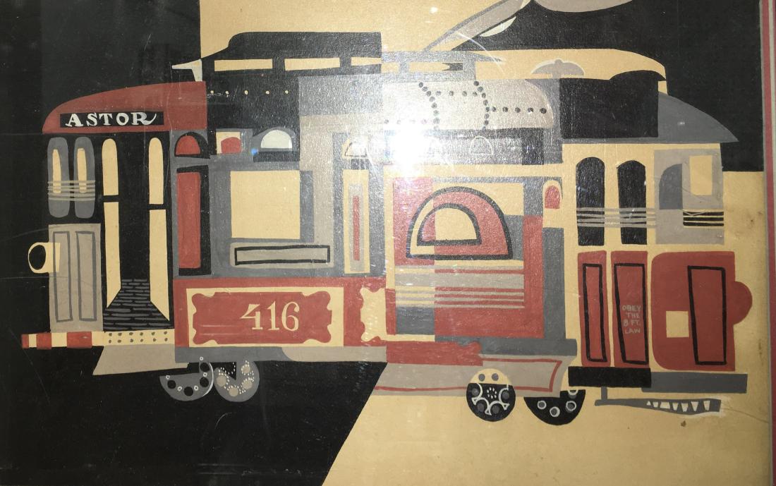 George Cassa 1930-2011 Astor Place Trolley Gouache: George Cassa 1930-2011 Astor Place Trolley, Gouache in the manner of Stuart Davis, signed and dated 1950 on the back, this artist a graduate of nearby Copper Union DIMENSIONS: framed 16x22 We encoura