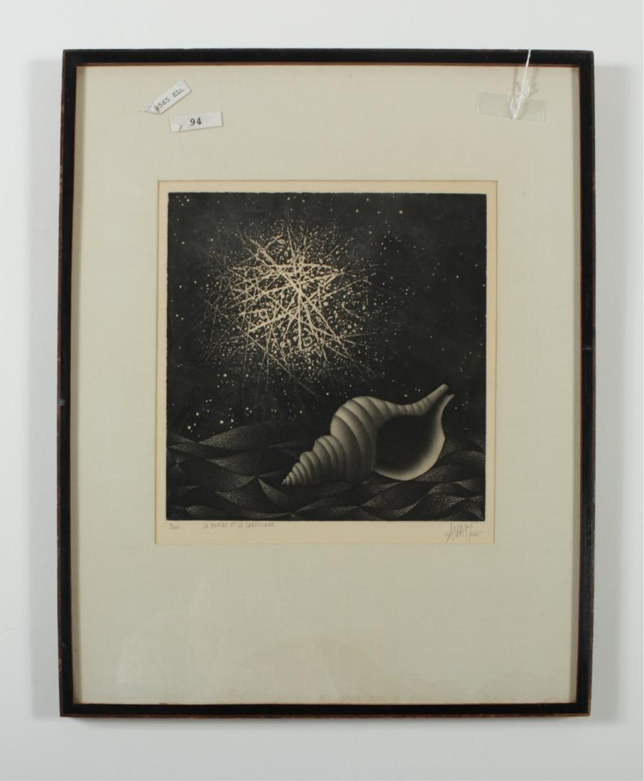 Mario Avati (French, b. 1921) Etching: Titled: " La Bombe Et Le Coquillage". Titled and numbered 1/210, lower left, ; signed and dated lower right, all in pencil. Mezzotint on paper. DIMENSIONS: Image size: 10.75" x 11" We encourage all bi