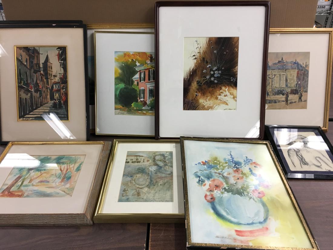 Box of 20th c. Art: W/C, Sgd Prints Russia Brazil: 20 pieces on 20th c. art ranging from the 1920's to near contemporary, all either watercolors or pencil signed prints. Examples include 2 pictures by Charles Aiken, Harriet Kline, Charles Seide, 2 pri