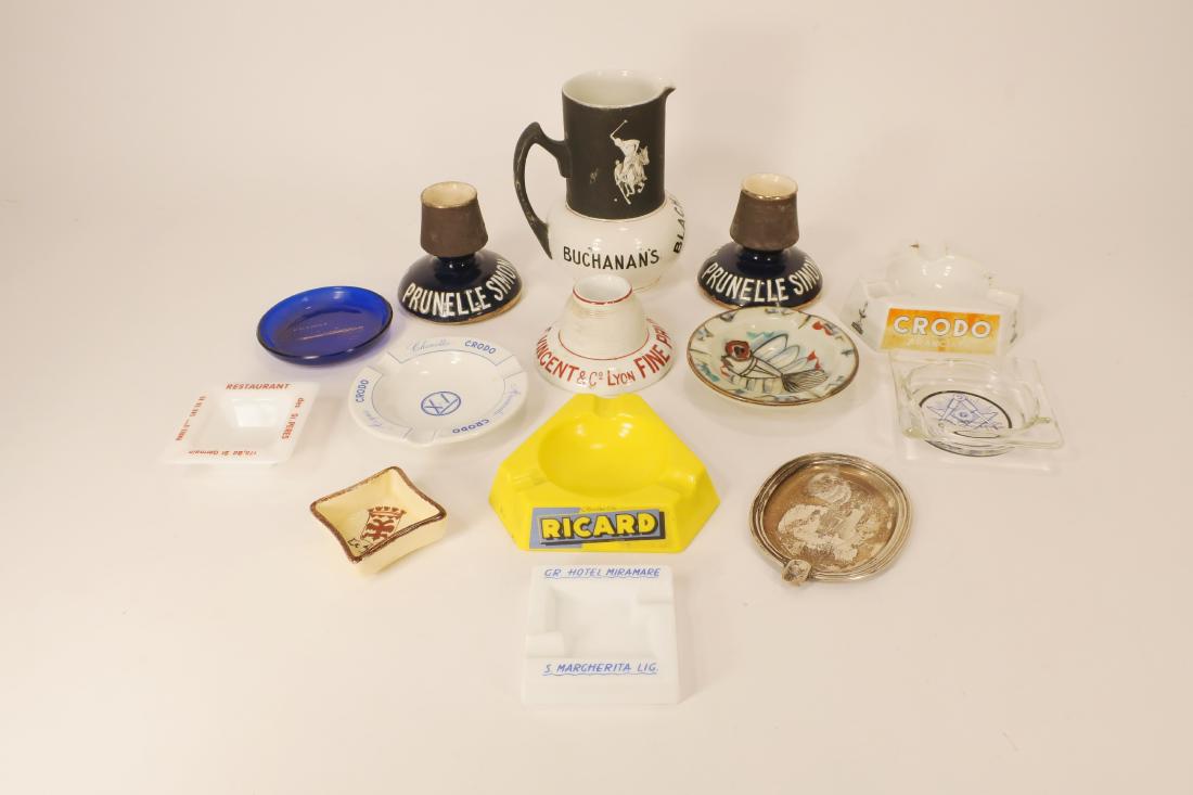 Int'l Cafe Ashtrays & Matchholders- Paris Italy...: Vintage Int'l Cafe Ashtrays and Matchholders - Paris, Italy, Tokyo Madrid, Masons, pottery, glass, silver plate, together with a Buchanan' whiskey jug wih polo motif. DIMENSIONS: 6.25" W x 8" H We enc